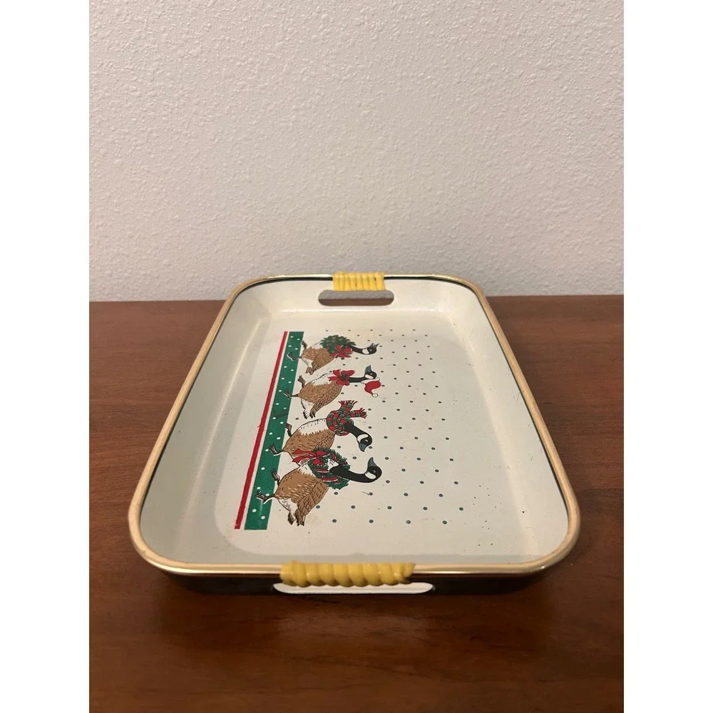 Vintage Christmas Lacquer Serving Tray Canada Geese Holiday Decor Cream Gold Rim